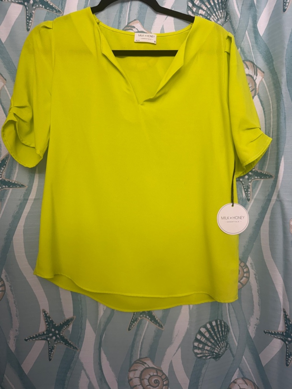 Milk + Honey Neon Lime Split V-Neck Blouse